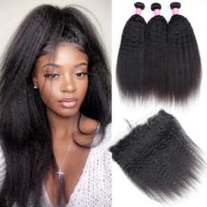 3 Bundles of Kinky Straight Hair with 13x4 Frontal Brazilian Human Hair Unprocessed 9A CD34L