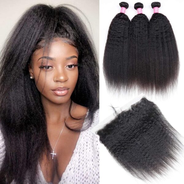 3 Bundles of Kinky Straight Hair with 13x4 Frontal Brazilian Human Hair Unprocessed 9A CD34L